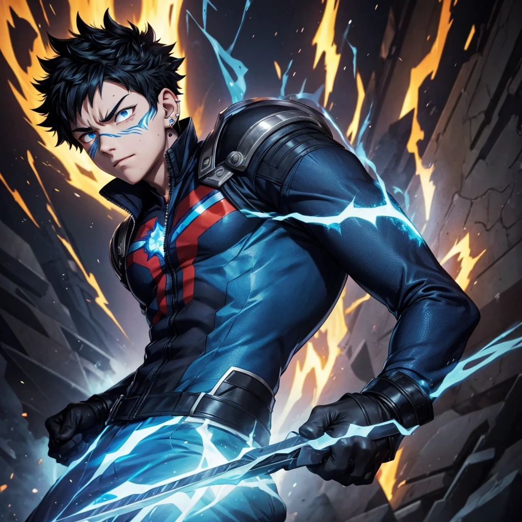 My Hero Academia Capture.
15-year-old boy with short black hair and a cold personality with burns on his face from his power, which are blue flames, with a villain suit and some piercings.