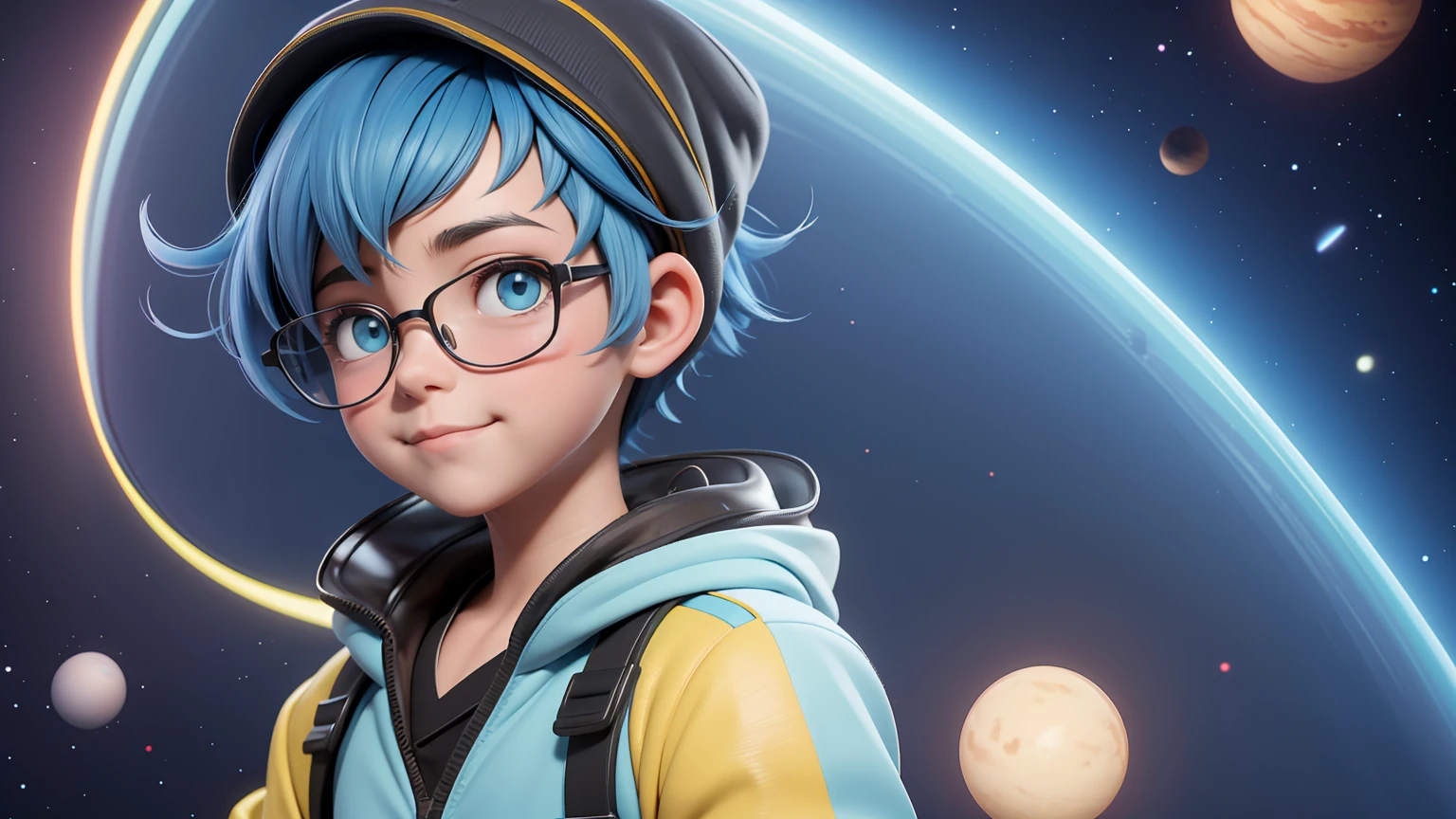 Loli boy, light blue hair, taken, Modern accessories, hoods, Sweatshirt , eye glass, delicately detailed eyes, A delicate and delicate smile, milkyW, Perosant, holograph, buildings background and planets in the sky. a boy wearing yellow jacket and , long light blue hair and wearing cap, big ayes , cute , happy face, wearing spectacles , little boy , in the sky some planets, forcuse on the boy, use syberpunk colors, and 3D image. 8k. blured mixed background, (Unparalleled Masterpiece), (Ultra High Definition),(Ultra-Realistic 8k CG), smokey backgrund and dark colors in the back