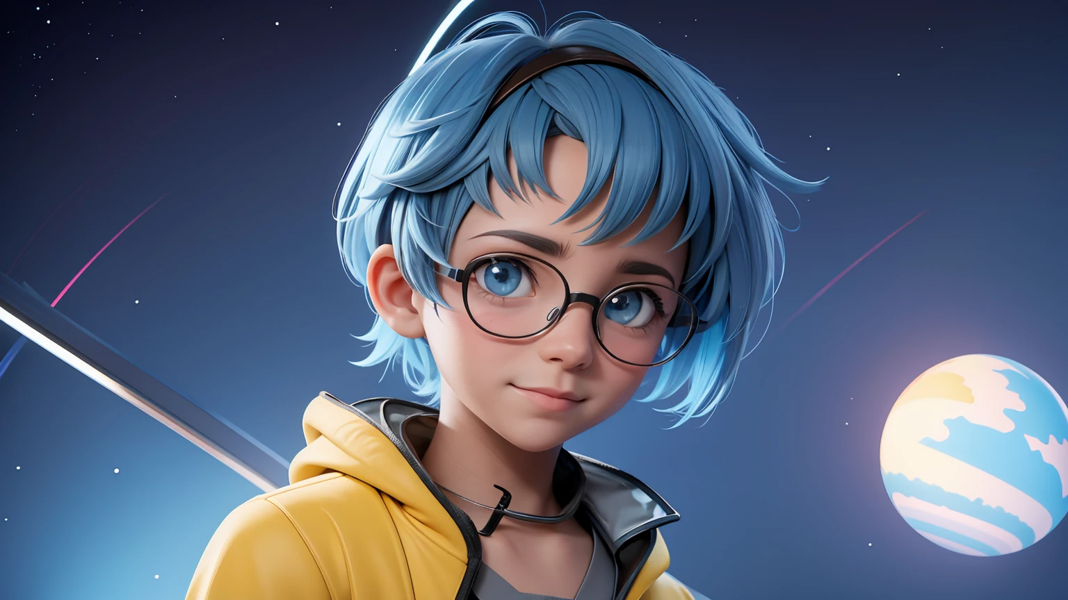 Loli boy, light blue hair, taken, Modern accessories, hoods, Sweatshirt , eye glass, delicately detailed eyes, A delicate and delicate smile, milkyW, Perosant, holograph, buildings background and planets in the sky. a boy wearing yellow jacket and , long light blue hair and wearing cap, big ayes , cute , happy face, wearing spectacles , little boy , in the sky some planets, forcuse on the boy, use syberpunk colors, and 3D image. 8k. blured mixed background, (Unparalleled Masterpiece), (Ultra High Definition),(Ultra-Realistic 8k CG), smokey backgrund and dark colors in the back