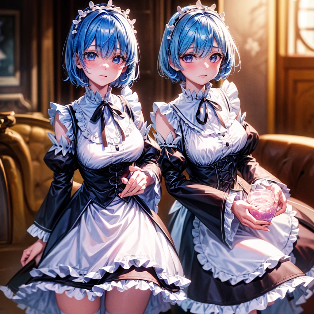 (8K, 4K, Best Quality, High Definition, Ultra High Definition: 1.1), (Masterpiece, Realistic, Photorealistic: 1.1), cute, erotic, model's expression, blue eyes, blue hair, hair ornament, hair over one eye, hair ribbon, short hair, apron, black ribbon, black skirt, black sleeves, detached collar, detached sleeves, flower, frilled apron, frilled skirt, frills, head wreath, long sleeves, maid, miniskirt, neck ribbon, purple ribbon, ribbon, ribbon trim, ribbon-trimmed sleeves, roswaal mansion maid uniform, thighhighs, waist apron, white apron, white thighhighs