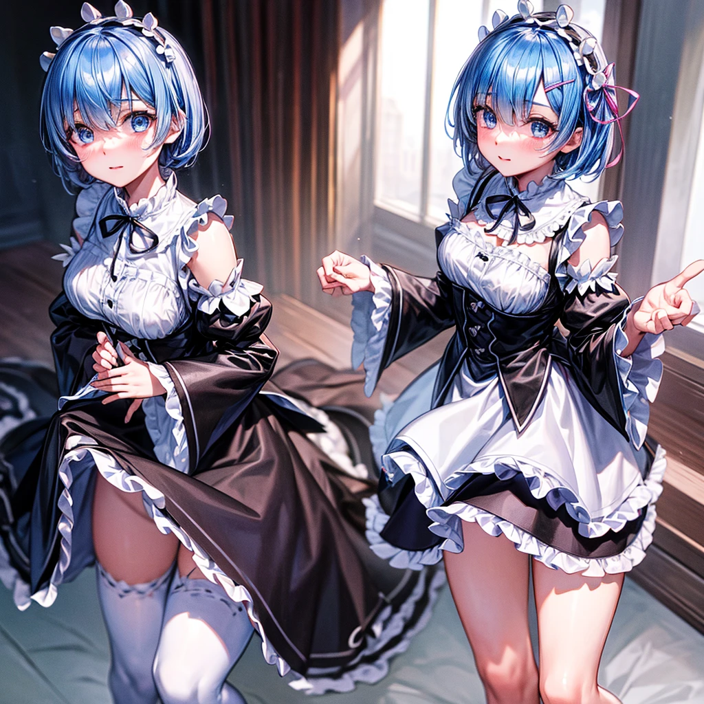 (8K, 4K, Best Quality, High Definition, Ultra High Definition: 1.1), (Masterpiece, Realistic, Photorealistic: 1.1), cute, erotic, model's expression, blue eyes, blue hair, hair ornament, hair over one eye, hair ribbon, short hair, apron, black ribbon, black skirt, black sleeves, detached collar, detached sleeves, flower, frilled apron, frilled skirt, frills, head wreath, long sleeves, maid, miniskirt, neck ribbon, purple ribbon, ribbon, ribbon trim, ribbon-trimmed sleeves, roswaal mansion maid uniform, thighhighs, waist apron, white apron, white thighhighs