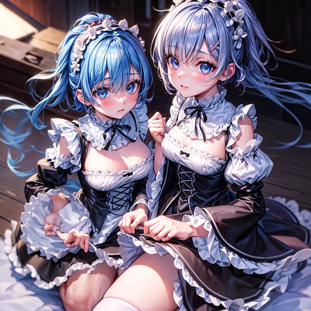 (8K, 4K, Best Quality, High Definition, Ultra High Definition: 1.1), (Masterpiece, Realistic, Photorealistic: 1.1), cute, erotic, model's expression, blue eyes, blue hair, hair ornament, hair over one eye, hair ribbon, short hair, apron, black ribbon, black skirt, black sleeves, detached collar, detached sleeves, flower, frilled apron, frilled skirt, frills, head wreath, long sleeves, maid, miniskirt, neck ribbon, purple ribbon, ribbon, ribbon trim, ribbon-trimmed sleeves, roswaal mansion maid uniform, thighhighs, waist apron, white apron, white thighhighs