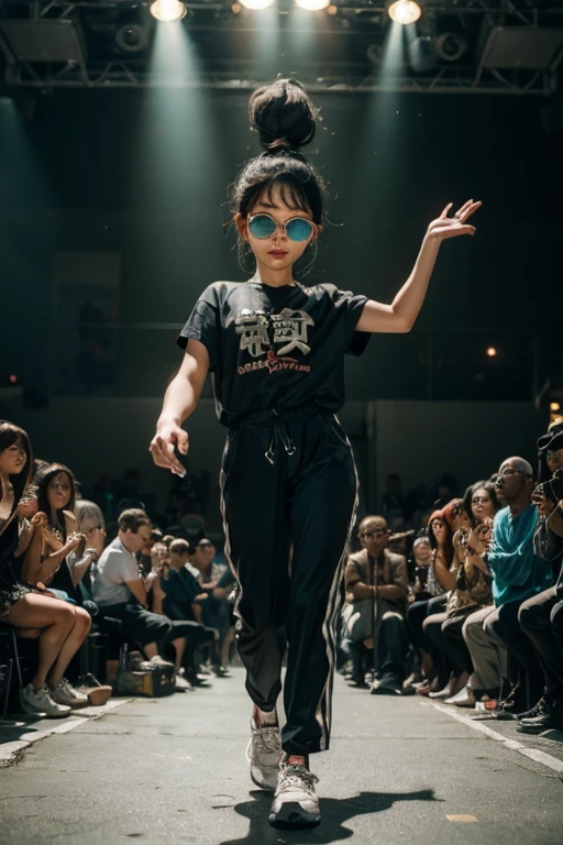 Black workwear jumpsuit、A woman wearing a costume covered with patches, （cyber punk）, Mosh Pit, (Highest quality,4K,8K,High resolution,masterpiece:1.2),Live Stage、（Chinese style costume）、Large sunglasses,Punkish hairstyle、Full body portrait、dynamic dancing
