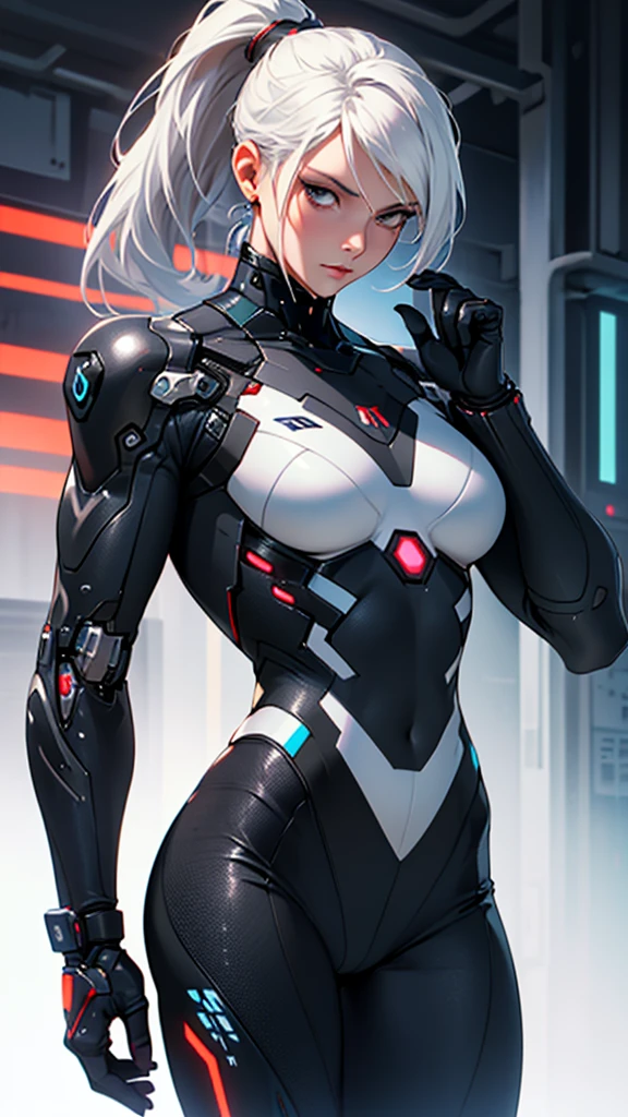 Beautiful cybernetic girl detailed muscles realistic masterpieces full figure pose (best quality,ultra-detailed), white hair in ponytail, fair skin, fit body, slim figure, narrow waist, (cocky expression), black carbon fiber cybernetic mobile combat suit