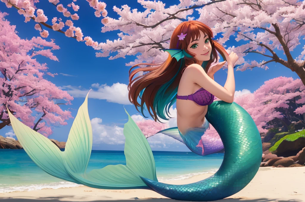 masterpiece, best quality:1.2), 1girl, smile, looking at viewer, green eyes, short brown multicolored hair, mermaid, mermaid girl, wearing purple seashell bra, laying on beach, colorful mermaid tail, outdoors, head fins, fin ears, under cherry blossoms
