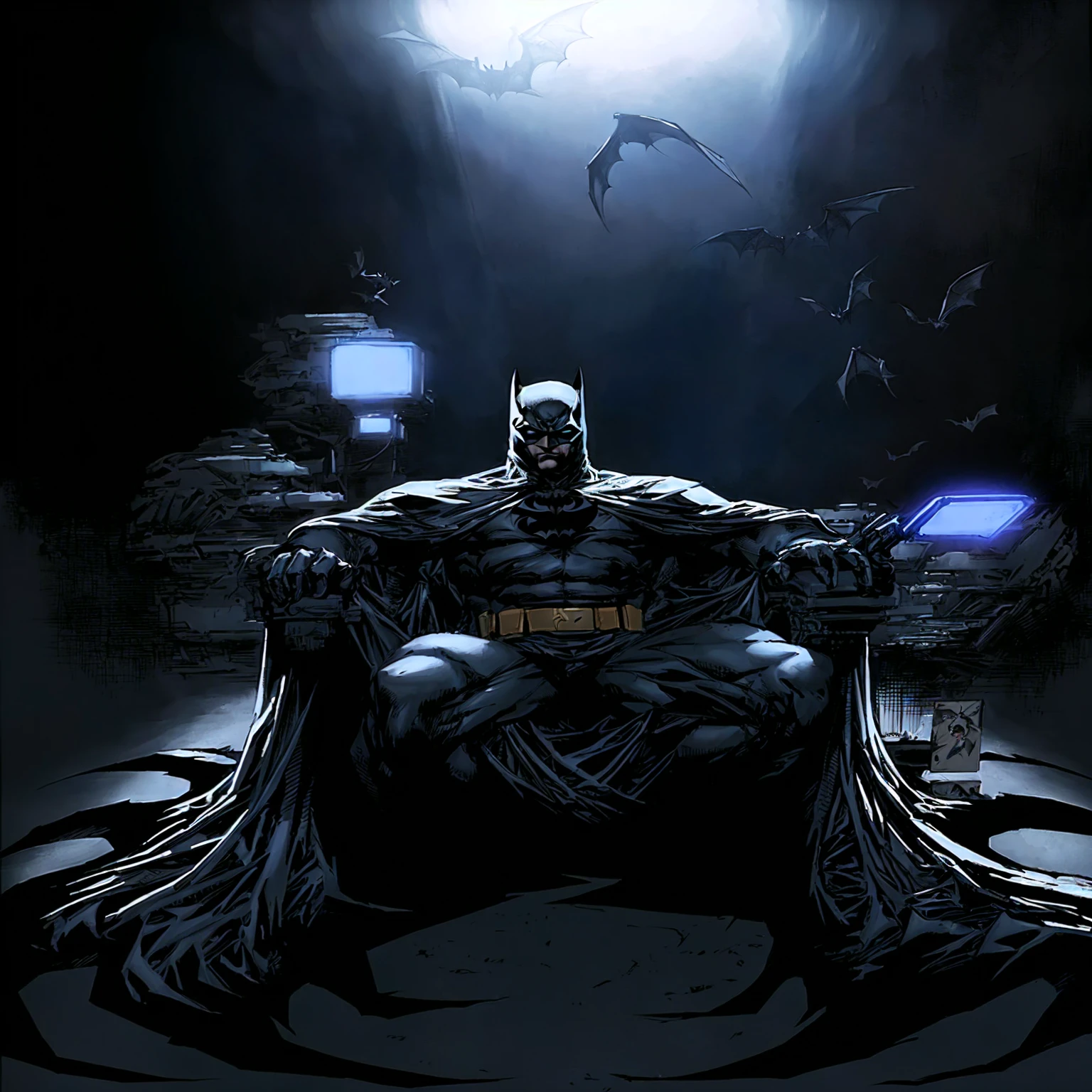 bat Man sitting on a throne with bats flying around, bat Man, in bat Man comic book, inspired by Jim Lee, david finzón, portrait of bat Man, in bat Man comics, bat Man portrait, the bat Man, dark Knight, por Chris Moore, by Jim Lee, from movie bat Man, Arkham, portrait bat Man ancient biblical, cyberpunk bat Man, night in gotham city, bat Man with guns