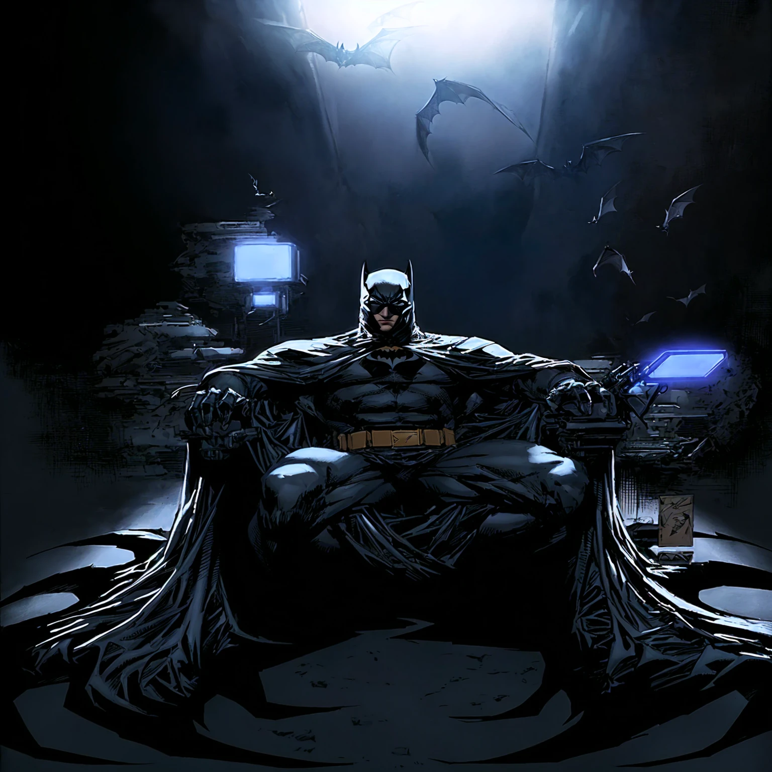 bat Man sitting on a throne with bats flying around, bat Man, in bat Man comic book, inspired by Jim Lee, david finzón, portrait of bat Man, in bat Man comics, bat Man portrait, the bat Man, dark Knight, por Chris Moore, by Jim Lee, from movie bat Man, Arkham, portrait bat Man ancient biblical, cyberpunk bat Man, night in gotham city, bat Man with guns
