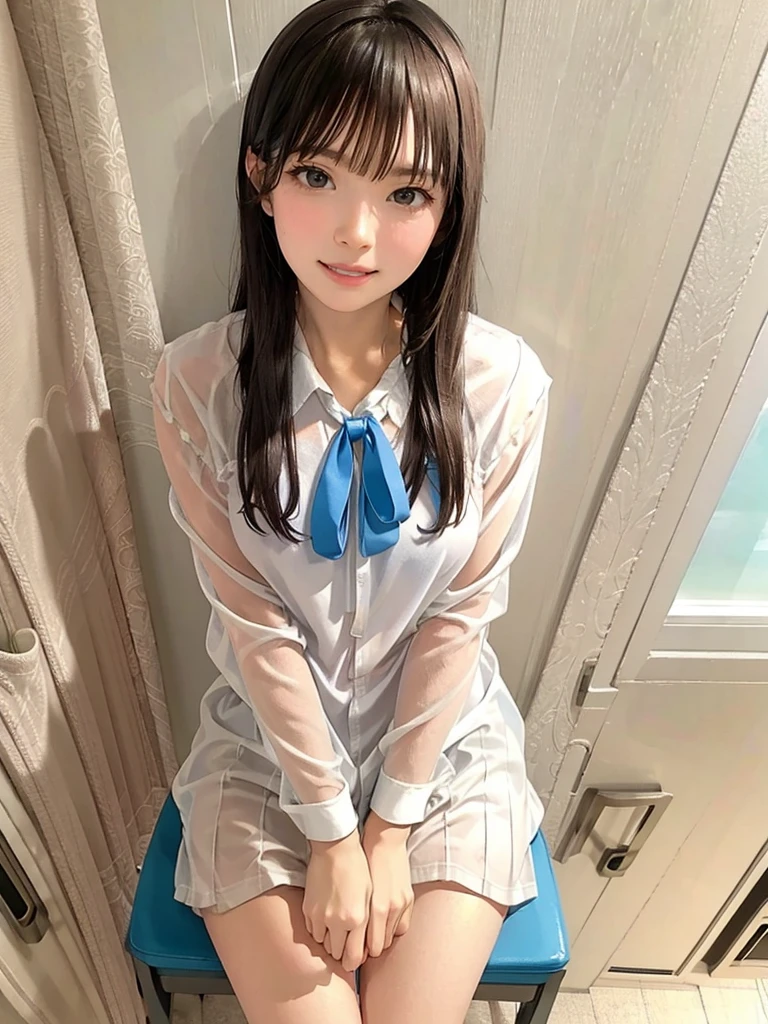 raw photo, 1girl, cute face, beautiful face, medium breast, collared blouse, White blouse, light smile, detailed skin, simple background, Above the knee, sit on a chair, Seductive pose, photorealistic, masterpiece, best quality, anatomically correct