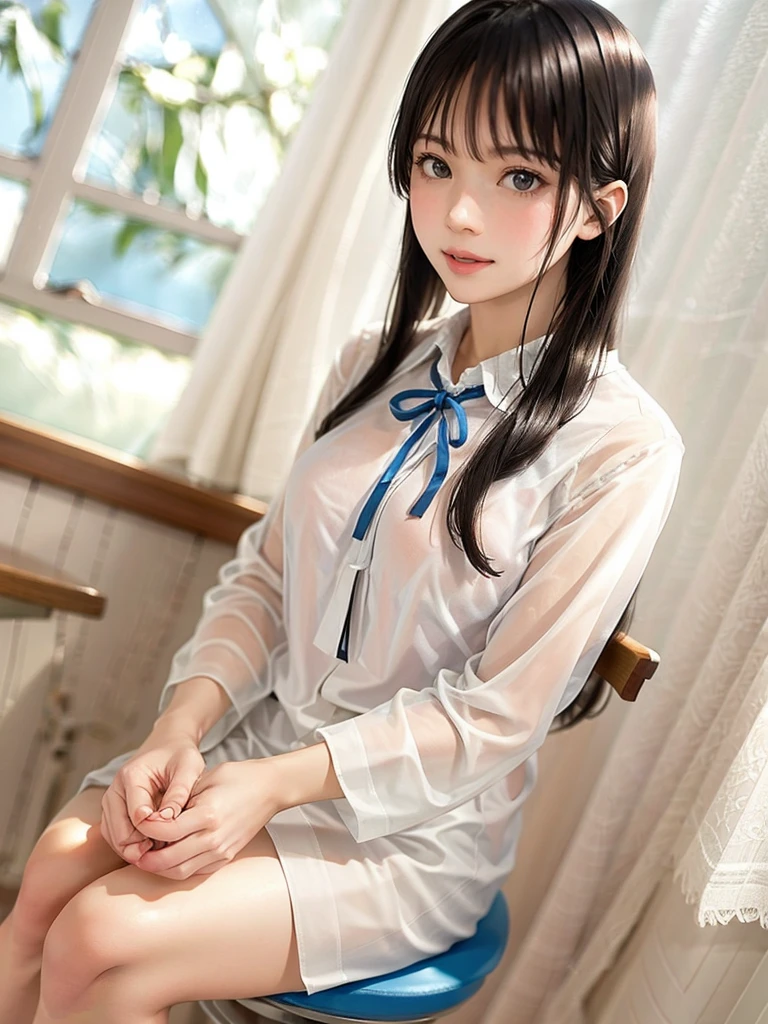 raw photo, 1girl, cute face, beautiful face, medium breast, collared blouse, White blouse, light smile, detailed skin, simple background, Above the knee, sit on a chair, Seductive pose, photorealistic, masterpiece, best quality, anatomically correct
