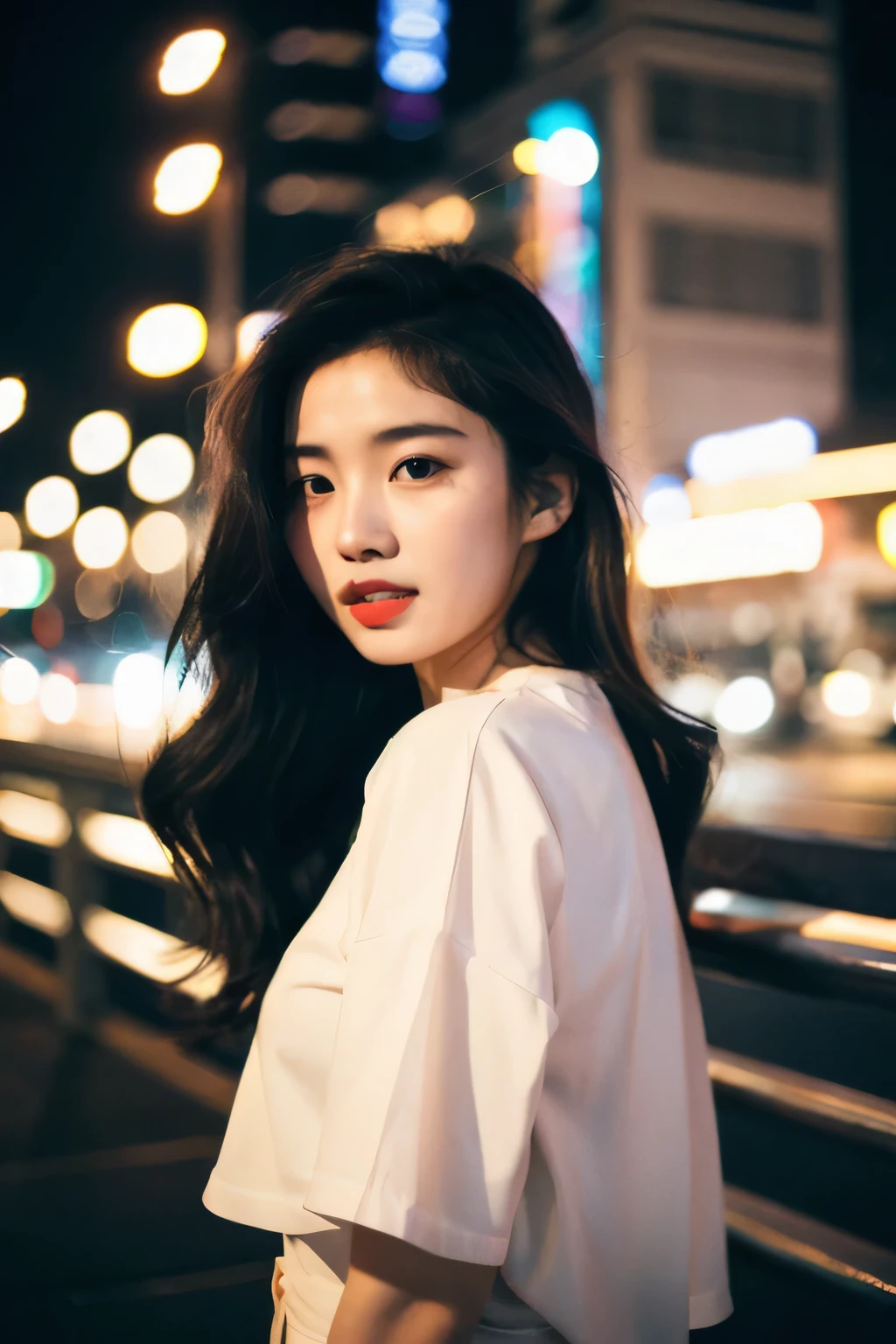 (Cinematic aesthetics:1.4) Bokeh city night photo of beautiful Korean fashion model、Beautiful teeth