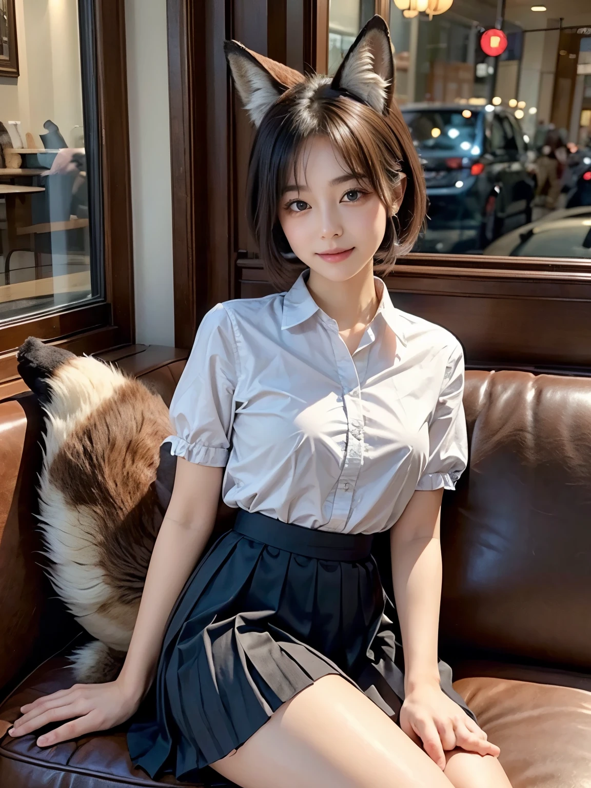 ((Highest quality, 32k)), ((masterpiece)), (Familiar), Perfect Face, pretty girl, She is sitting on a sofa in a cafe in the city., She is relaxing and drinking tea, She has a bushy tail on her butt, She has a fluffy tail, Beautiful hip line, Small breasts, She is wearing a neat blouse and pleated skirt., A bushy tail is visible from under her skirt,, Slender body, Her tail sticks out from under her skirt, (A fox tail protrudes from the inside of her skirt.:1.4), The base of her tail is hidden under her skirt., She is gently stroking her tail