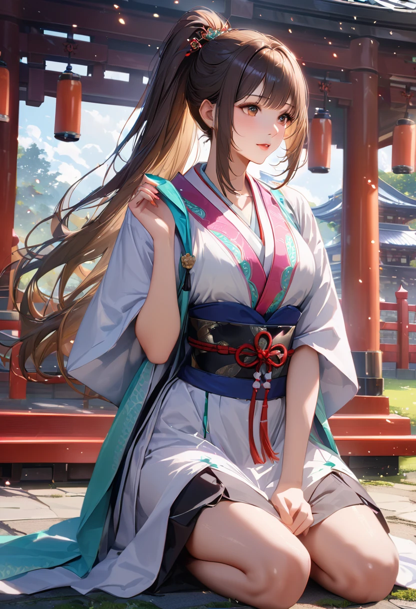 Shrine grounds, Clear sky with white clouds, Shrine maiden, Blur the background,young woman,ponytail,Holding a Japanese sword in an upright position,Glitter effect,Highest quality, 8K, High resolution, masterpiece:1.2, Very detailed, Realistic:1.37, High resolution, 超High resolution, Ultra-fine painting, Very detailed, Professional, Vibrant colors
