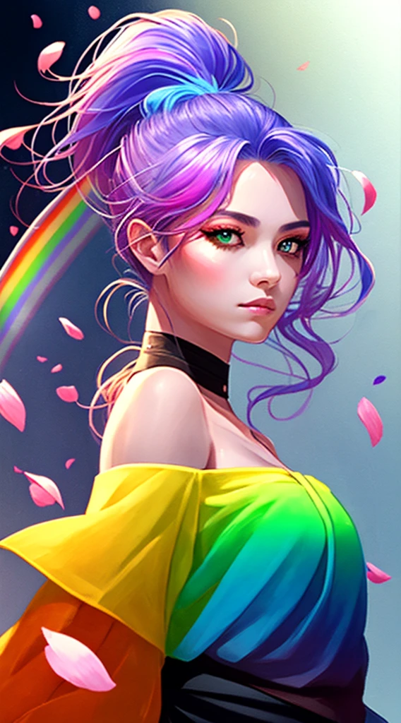 Colorful hair: 1.8), (rainbow all colors: 1.8), (vertical painting: 1.6))), (painting: 1.6), front, manga, illustration, painting, big eyes, crystal clear, (rainbow gradient high ponytail: 1.7), delicate makeup, shut up, (small freshness: 1.5), (bandeau: 1.6), long eyelashes, white off-the-shoulder T- shirt, white shoulder Shirt, looking at the audience, big watery eyes, (rainbow hair: 1.6), (elegant: 1.2), gorgeous, long hair, wind, (elegant: 1.3), (petals: 1.4), ((masterpiece))), ((best quality))), ((super detailed)), (illustration), (dynamic angle), ((floating)), (paint), ((loose hair)), (solo), (1girl), (detailed anima face))), ((beautiful detailed face)), collar, bare shoulders, gray hair, thick lacquer style, messy lines, ((shining)), bright colors, super high quality, vector graphics, flat color, blue theme, rotation, 2 girls, sisters, face to face, face focus, looking at the other, from the side, detailed eyes, holding each other, upper body, spiral, spinning, ink, melting, mixed, abstract, splash, super detailed, light blue hair, pink hair, white hair, very long hair, long hair, small breasts, messy hair, rainbow eyes, green eyes, blue pupils, pink pupils, backlight, sand, water, black background, dust, water splash, long sleeves, white clothes, splash, oversized clothes,