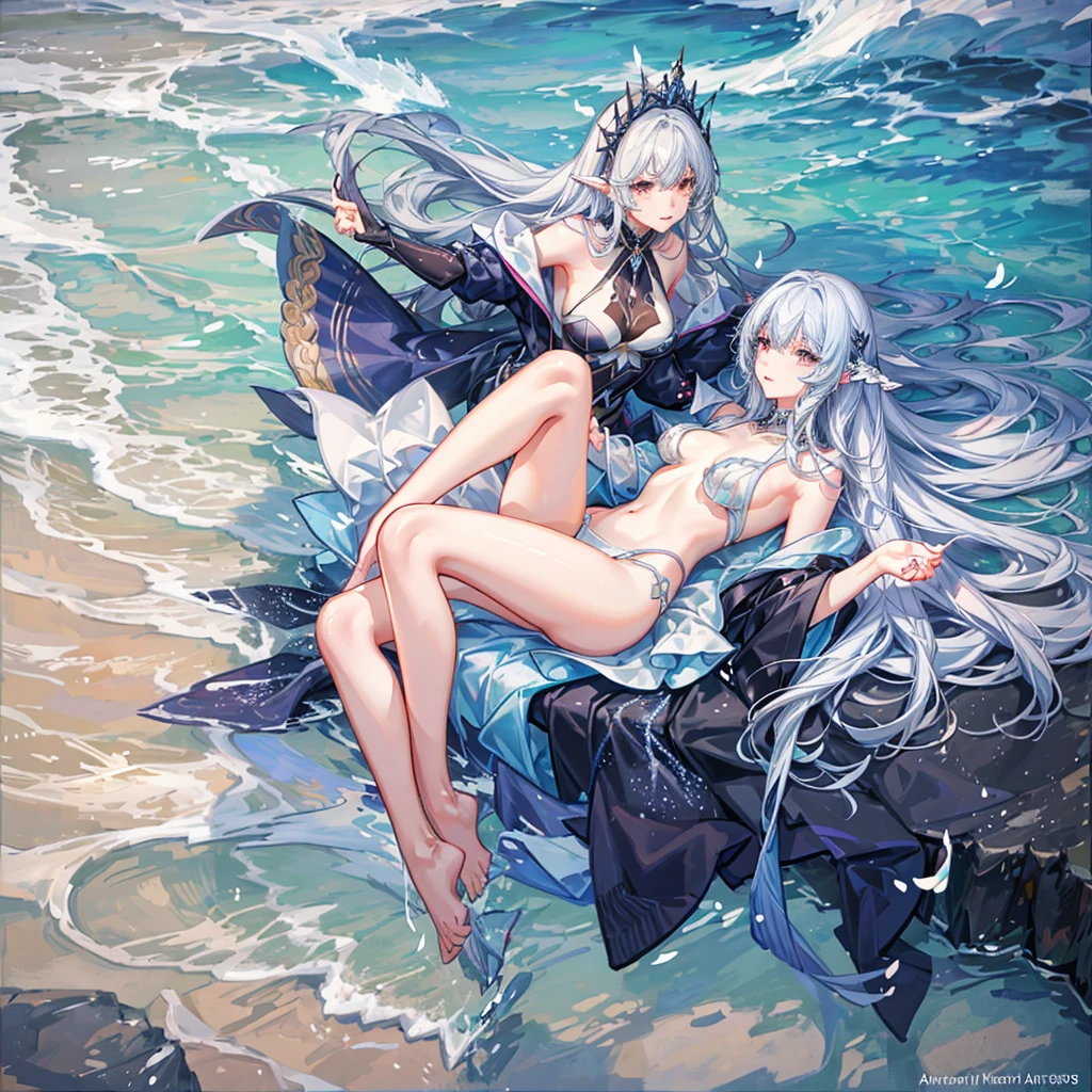 NSFW, s絵xy, erotic, A breathtakingly beautiful and graceful mermaid with flowing, shimmering scales and long, wavy hair, swimming playfully in crystal-clear water in a realistic anime style. Her hair and scales are glossy and radiant, reflecting the light. Her skin is smooth and flawless. She is in a dynamic pose, gracefully twisting and turning in the water. One hand reaches out towards the viewer, while her other arm elegantly extends behind her. Her tail is arched, creating a sense of movement and energy. The underwater scene is a serene, crystal-clear lagoon with soft sand and vibrant coral reefs. Various colorful fish swim around, adding life and movement to the scene. Gentle bubbles rise from the sandy bottom, and natural sunlight filters through the water, creating dancing patterns of light on the mermaid and the surrounding water. The lighting emphasizes the iridescent quality of her scales and the translucency of her fins, with a gentle glow surrounding her, enhancing her enchanting presence, rendered in a realistic anime style.