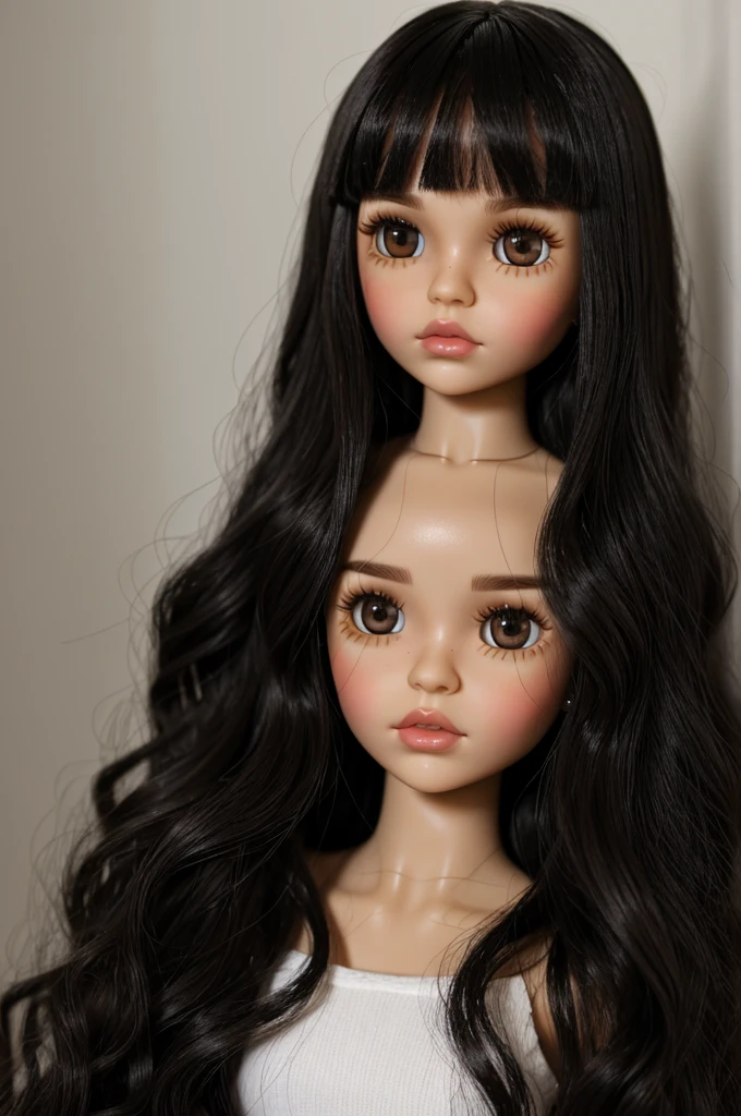blythe doll straight black hair with bangs, light skin, lip and nose piercing, dark brown eyes