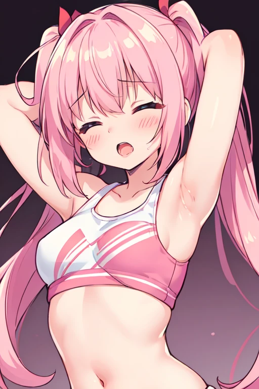 (best quality, masterpiece:1.2), ultra detailed, extremely detailed eyes and face, natural skin texture, detailed skin, natural lighting,
 chibi, 1 girl, 14-year-old, early teens, (cute),
 twintails, pink hair, shiny hair,
 (small breasts), 
 BREAK cheerleader, white and red crop top, white and red sleeveless shirt, arms behind head,
 BREAK (orgasm face, closed eyes, aroused, open mouth, gasp, blush cheeks, saliva trail:1.2),
 BREAK face, face focus,