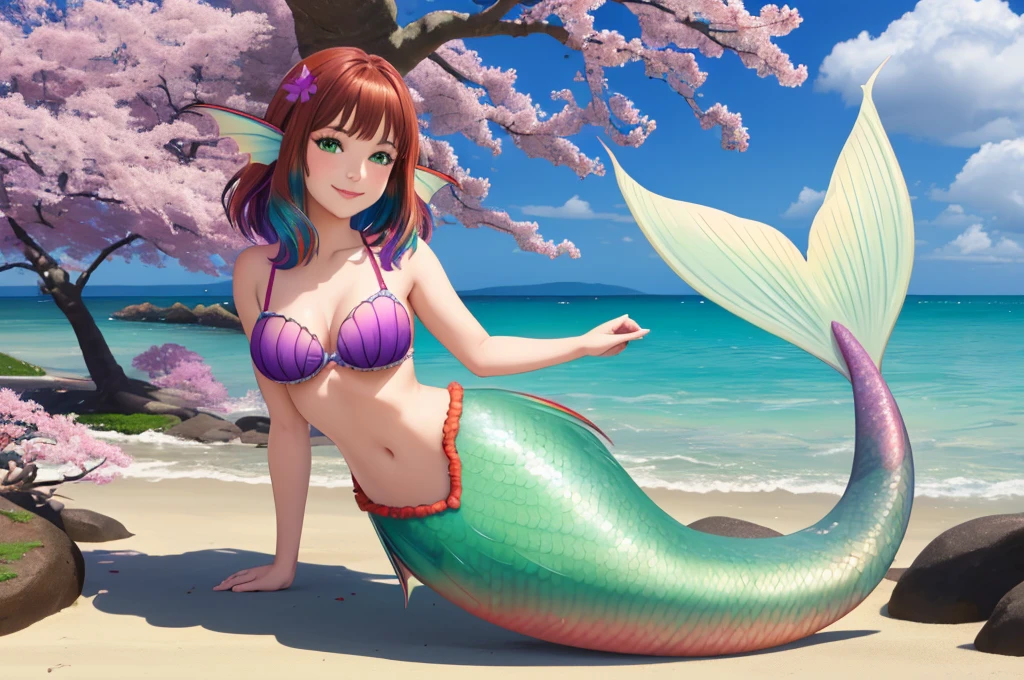 masterpiece, best quality:1.2), 1girl, smile, looking at viewer, green eyes, short brown multicolored hair, mermaid, mermaid girl, wearing purple seashell bra, laying on beach, colorful mermaid tail, outdoors, head fins, fin ears, under cherry blossoms