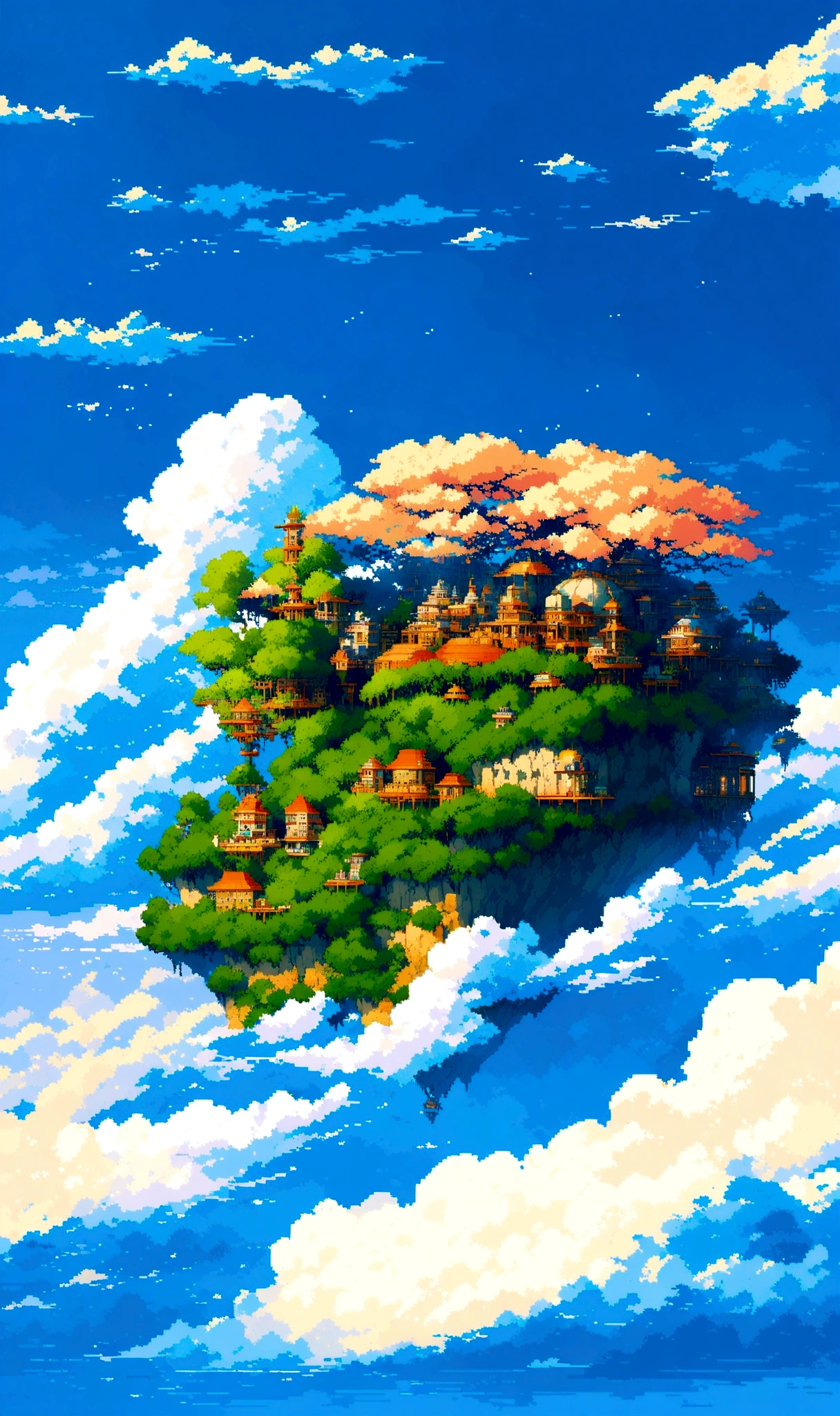 anime landscape with a floating houses on a whale in the sky, flying cloud castle, floating houses in the sky style, floating city on clouds, floating houses island in the sky, isometric island in the sky, castle in the sky, floating houses in the sky, floating island in the sky, floating city in the sky, covered in dark green grasses and red wisteria, baseless floating houses engulfed with clouds, beautiful detailed pixel art, cloud palace, studio ghibli sky