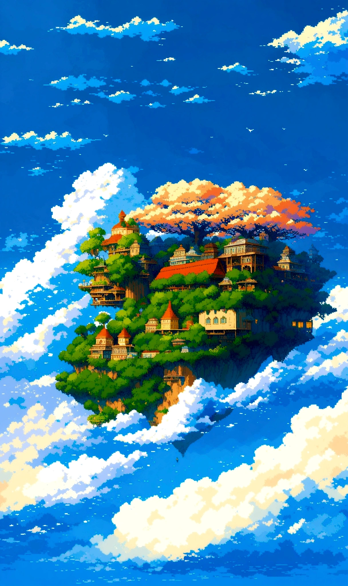 anime landscape with a floating houses on a whale in the sky, flying cloud castle, floating houses in the sky style, floating city on clouds, floating houses island in the sky, isometric island in the sky, castle in the sky, floating houses in the sky, floating island in the sky, floating city in the sky, covered in dark green grasses and red wisteria, baseless floating houses engulfed with clouds, beautiful detailed pixel art, cloud palace, studio ghibli sky