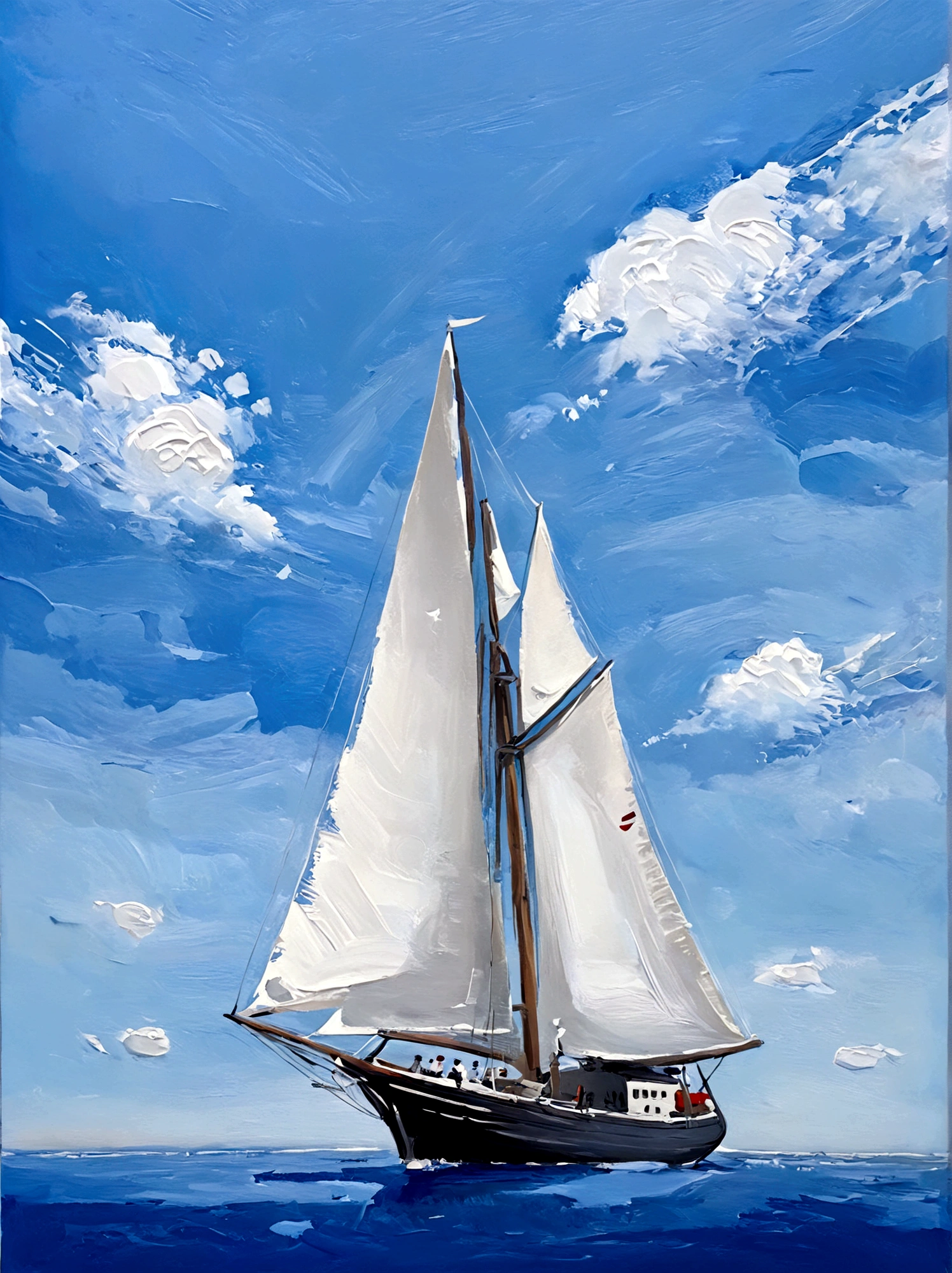Chinese Sailing Ship,Perfect proportion,Sea surface,Blue sky,bright,White background,real,emotion,Thick textured paint,