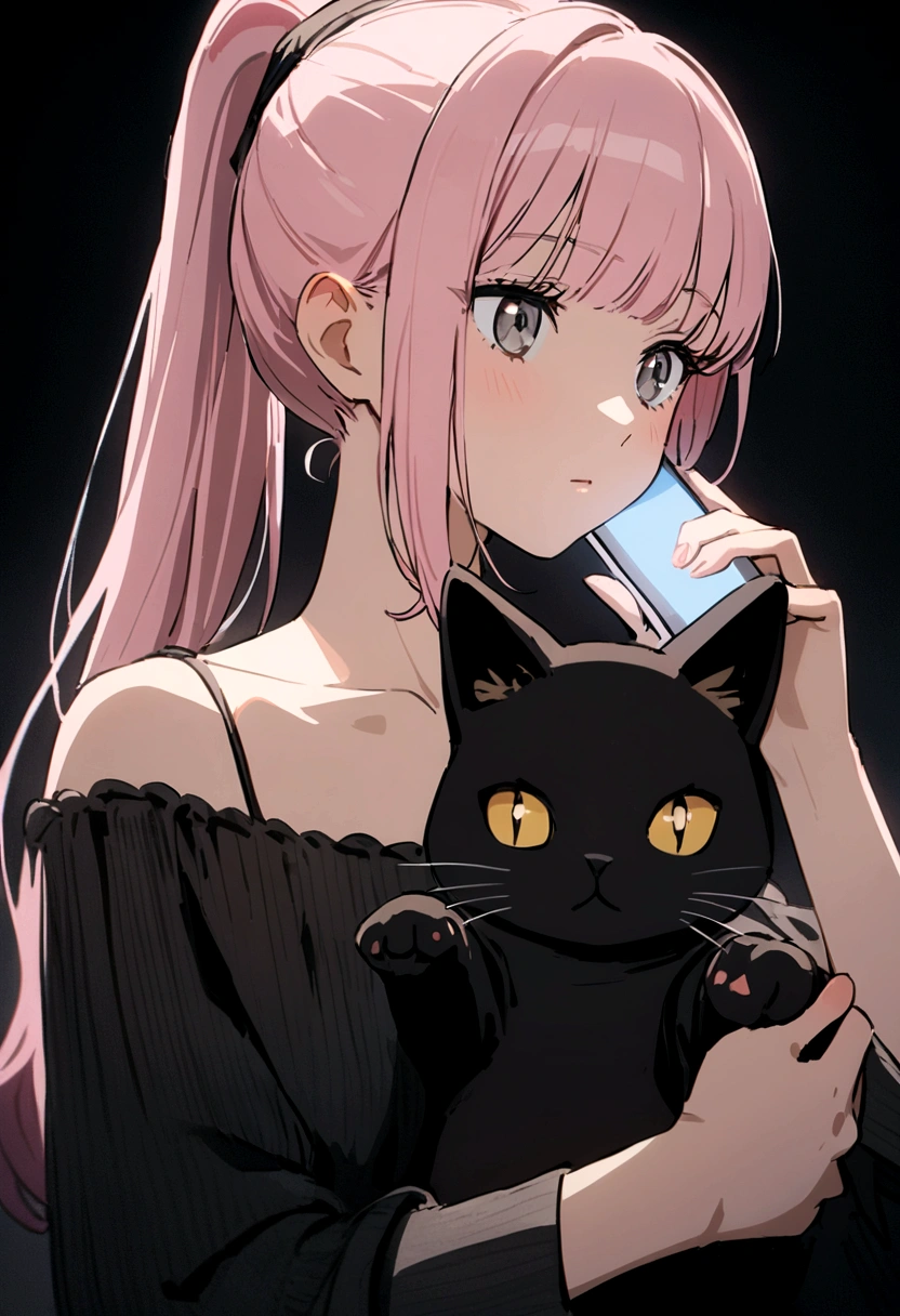 girl with light pink hair, high ponytail, yellow glasses, gray eyes, black shirt, off-shoulder, holding a black stuffed cat, white phone