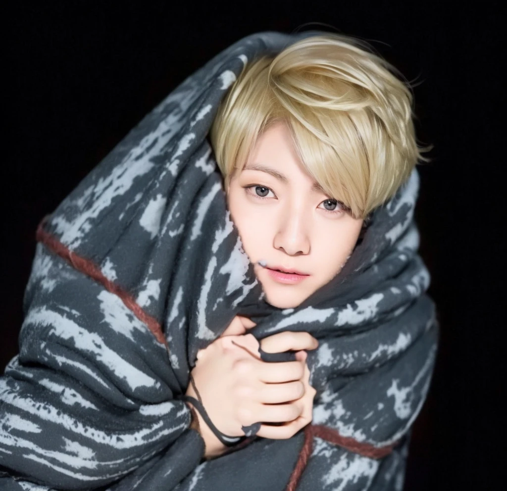 Jungkook from bts, looks at the camera, dark background, blonde hair, beautiful Asian boy, jk, Jungkook, jean Jungkook, covering his head with a blanket, blonde Asian, blonde Jungkook, beautiful smile