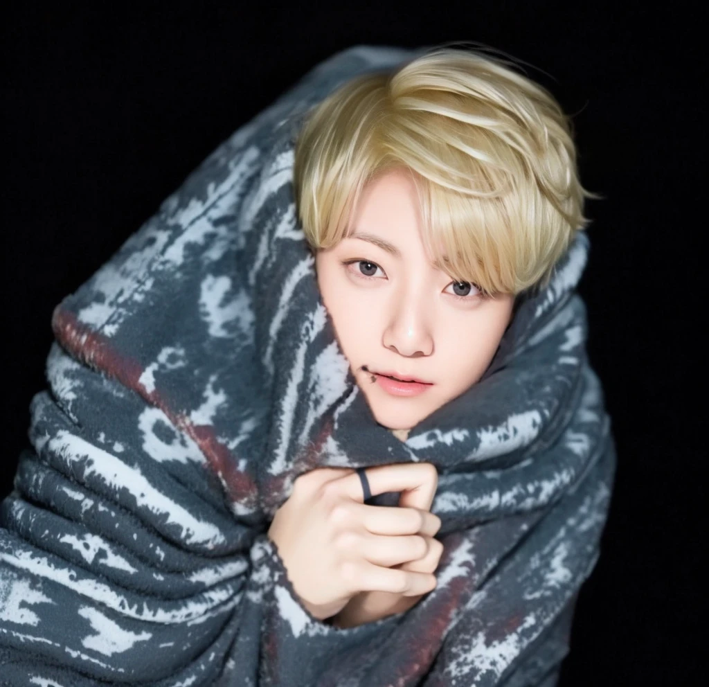 Jungkook from bts, looks at the camera, dark background, blonde hair, beautiful Asian boy, jk, Jungkook, jean Jungkook, covering his head with a blanket, blonde Asian, blonde Jungkook, beautiful smile