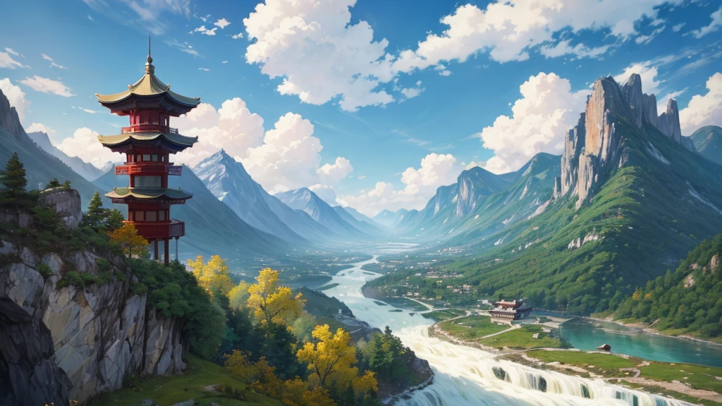 The painting depicts a traditional East Asian landscape with soaring rocky mountains studded with trees, The waterfall falls into the river flowing over the curved bridge, and many fall-colored trees at the foot of the mountain. In the sky there were two white birds flying and on the top of the mountain there was a small temple. The sky is painted gently to create the feeling of fog or clouds. The upper right corner of the picture has Chinese characters, could be the artist&#39;s signature or a poem related to the work.