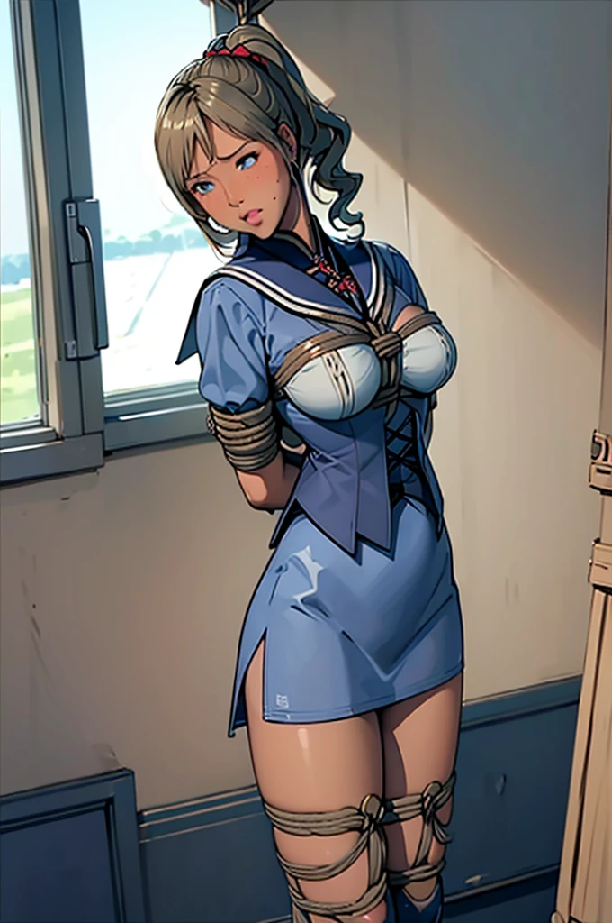 (masterpiece:1.2、Highest quality、masterpiece)、1 female、alone、classroom、Day、stand、blonde、ponytail、blue eyes、(Sailor suit:1.4)、(Dark Skin:1.4)、Big Breasts、pantyhose、corset、Hoop Earrings、lipstick、weaty、Ring Choker、Scrunchie、blush、Covered breasts、Bangs braids、(Hung by rope:1.4)、floating