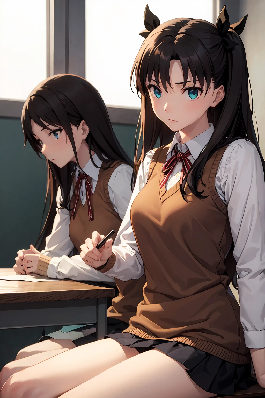 NSFW Tohsaka Rin, Aqua Eye, (Black Hair:1.5), hair ribbon, Long Hair, ribbon, Side Lock, Both sides up, (Parted bangs:1.5), break (brown Sweater vest:1.2), collared shirt, Homurahara Academy uniform, neck ribbon, red ribbon, ribbon, , shirt, Sweater vest, white shirt, break indoors, classroom, break looking at viewer, (Cowboy Shot:1.5) break (masterpiece:1.2), Highest quality, High resolution, unity 8k wallpaper, (figure:0.8), (Beautiful attention to detail:1.6), Highly detailed face, Perfect lighting, Highly detailed CG, (Perfect hands, Perfect Anatomy), Sit on a chair Cute white panties Spread your legs Spread your legs