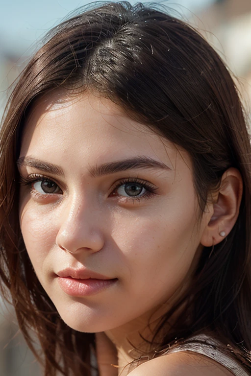 beautiful girl. Plain background and close up shot. She has a brown silky hair, brown eyes, beautiful face, bright facial skin, impression-less, very beautiful Instagram model, realistic image. Dynamic composition, motion, ultra - detailed, incredibly detailed, detailed eyes, amazing fine details and brush strokes, smooth.