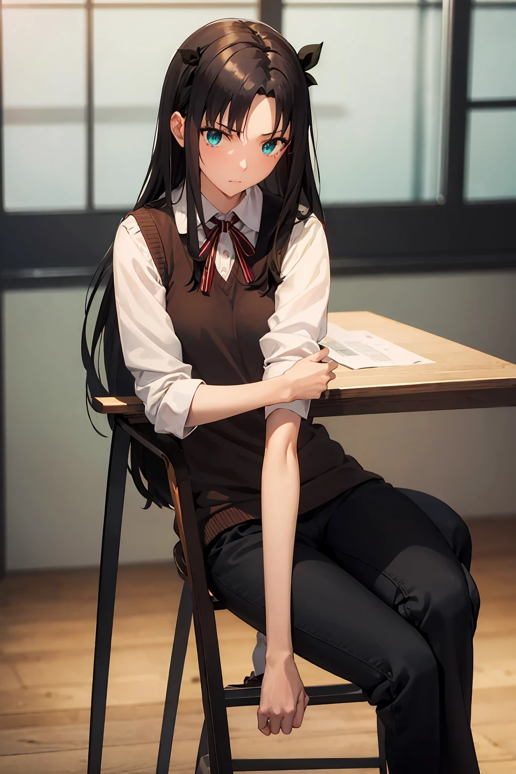 NSFW　Tohsaka Rin, Aqua Eye, (Black Hair:1.5), hair ribbon, Long Hair, ribbon, Side Lock, Both sides up, (Parted bangs:1.5), break (brown Sweater vest:1.2), collared shirt, Homurahara Academy uniform, neck ribbon, red ribbon, ribbon, , shirt, Sweater vest, white shirt, break indoors, classroom, break looking at viewer, (Cowboy Shot:1.5) break (masterpiece:1.2), Highest quality, High resolution, unity 8k wallpaper, (figure:0.8), (Beautiful attention to detail:1.6), Highly detailed face, Perfect lighting, Highly detailed CG, (Perfect hands, Perfect Anatomy),　Sit on a chair　Cute white panties　Spread your legs　Spread your legs