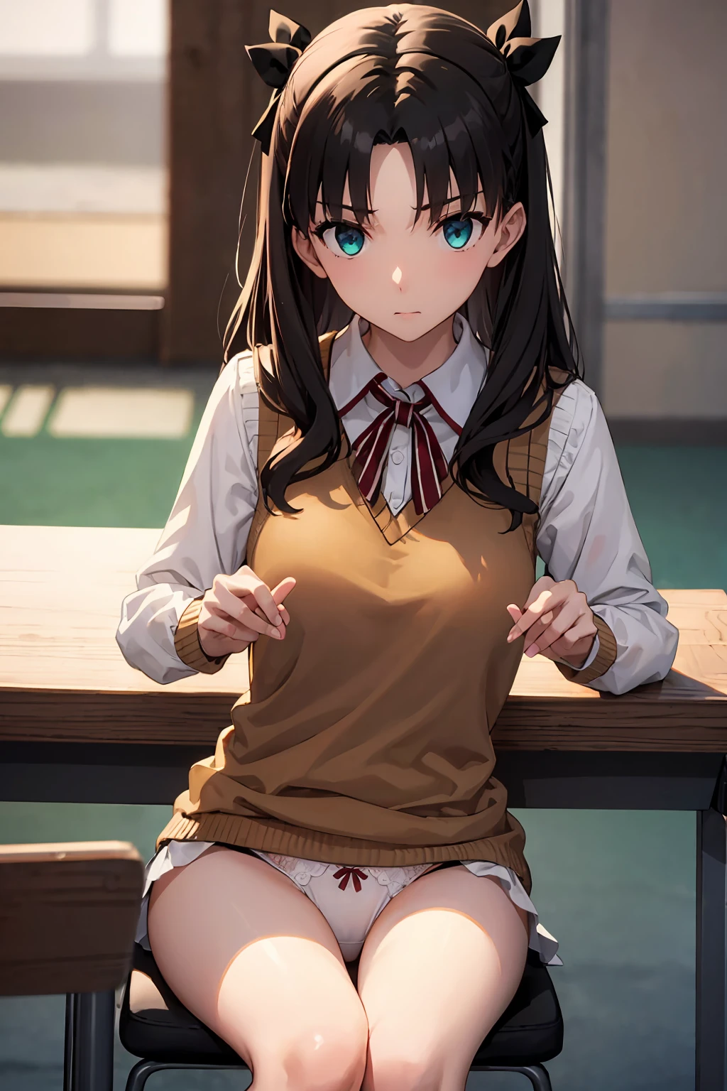 NSFW Tohsaka Rin, Aqua Eye, (Black Hair:1.5), hair ribbon, Long Hair, ribbon, Side Lock, Both sides up, (Parted bangs:1.5), break (brown Sweater vest:1.2), collared shirt, Homurahara Academy uniform, neck ribbon, red ribbon, ribbon, , shirt, Sweater vest, white shirt, break indoors, classroom, break looking at viewer, (Cowboy Shot:1.5) break (masterpiece:1.2), Highest quality, High resolution, unity 8k wallpaper, (figure:0.8), (Beautiful attention to detail:1.6), Highly detailed face, Perfect lighting, Highly detailed CG, (Perfect hands, Perfect Anatomy), Sit on a chair Cute white panties Spread your legs Spread your legs