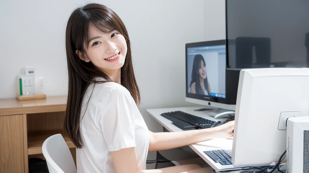 Sitting facing me in a feminine white room、A woman smiling at a computer