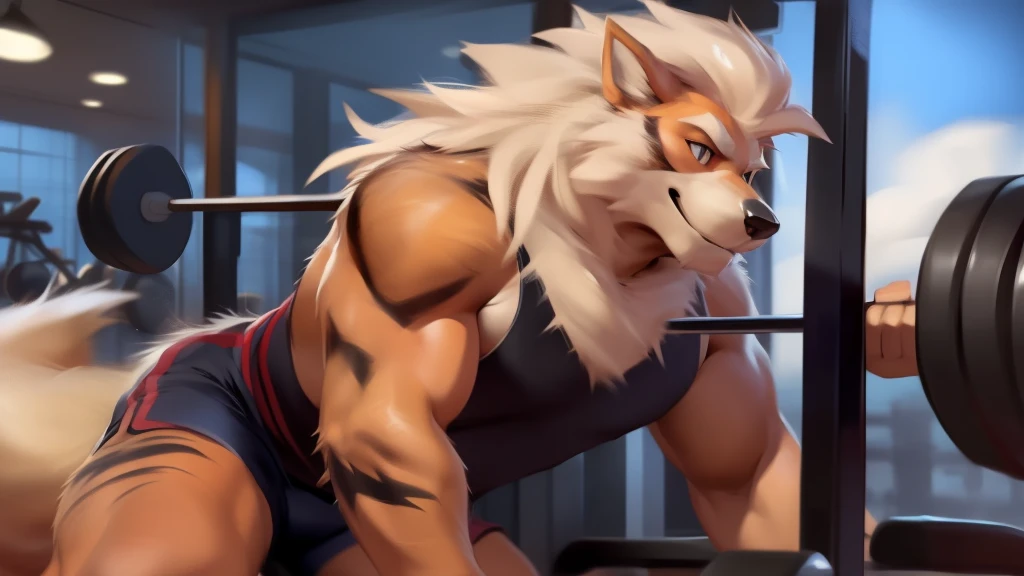 at gym, working out, arcanine, (by null-ghost, by chunie, by darkgem), tank top, shorts, body hair, hair, hairy, fluffy, long mane, male, high res, 4k, 8k