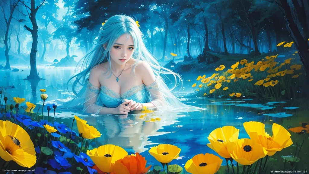 32k, Masterpiece, Highest quality, One girl, Detailed eyes, flower,Iceland Poppy, Blue and yellow style,A dreamy, romantic piece,Pale yellow, Mysterious Leaves,A playful arrangement,Fantasy,High Contrast,Ink strokes,explosion,Exposure, Impression of blue and yellow tones,Abstract,((Watercolours by John Berkey and Jeremy Mann )) Brush strokes,Negative Space, Tyndall effect,
