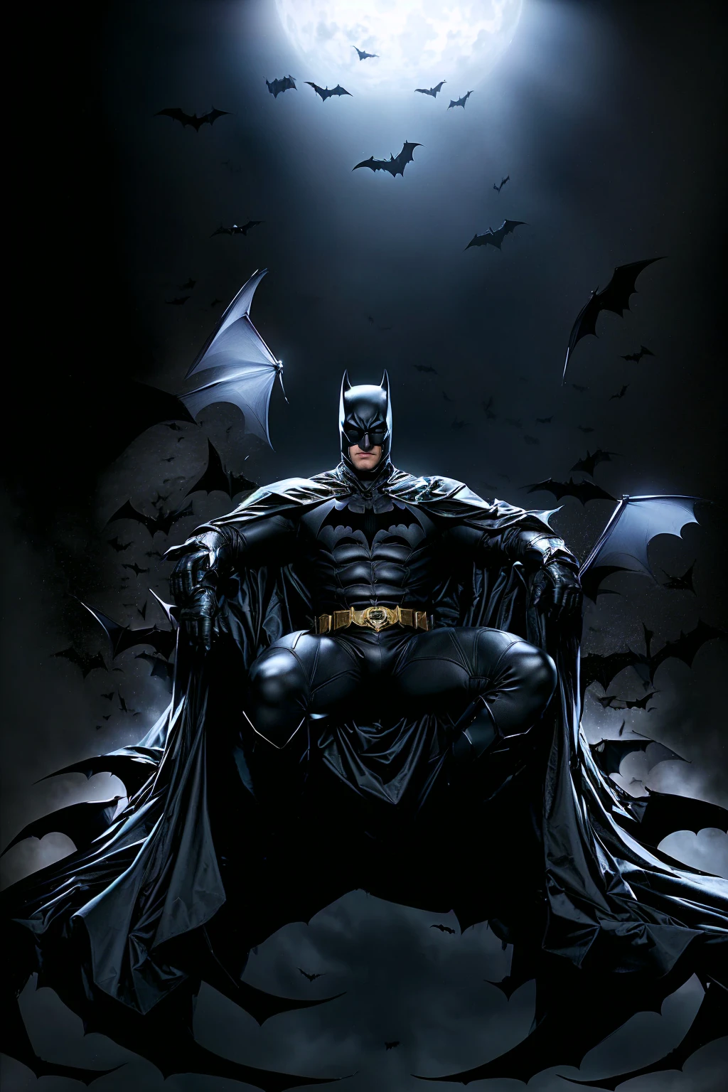 bat Man sitting on a throne with bats flying around, b