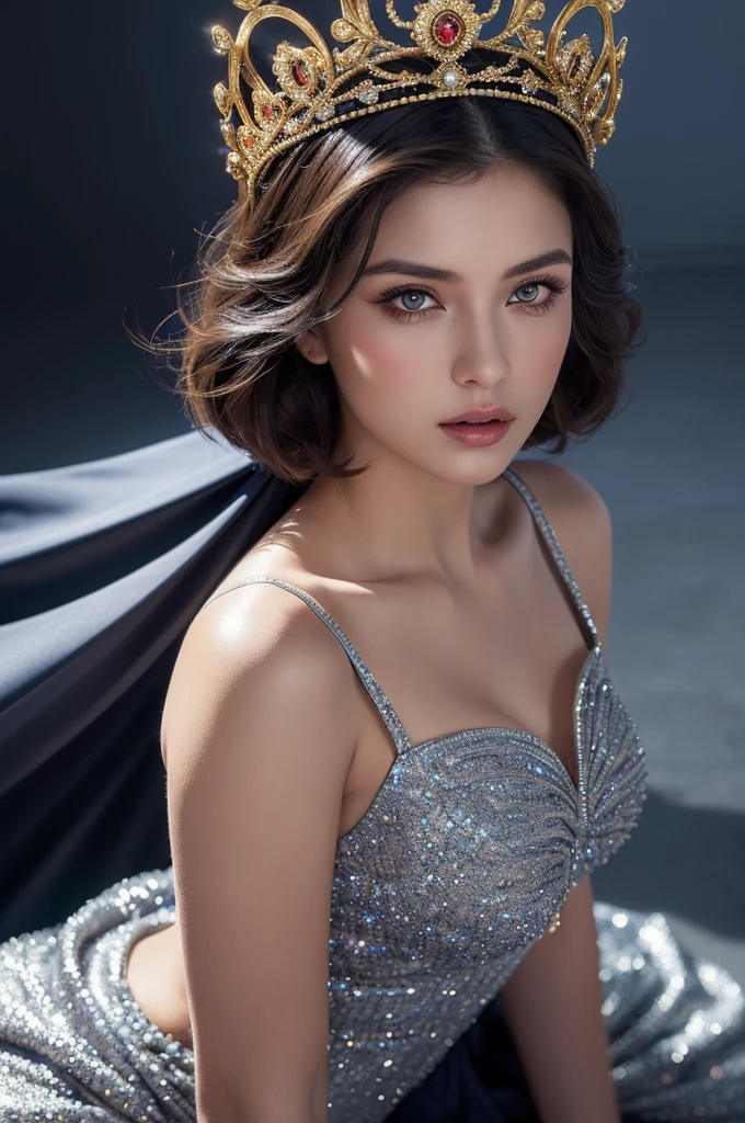a beautiful woman in an exquisite, opulent, and glittering dress with luxurious decorative elements on a navy blue background, the dress adorned with red accents, the woman wearing a small tiara on her head and a navy blue cape on her back, she has short black hair and is kneeling sideways, with a castle wall in the background, (best quality,8k,highres,masterpiece:1.2),ultra-detailed,(realistic,photorealistic,photo-realistic:1.37),detailed eyes,detailed lips,extremely detailed face,long eyelashes,elegant,regal,grand,dramatic lighting,dramatic colors,cinematic