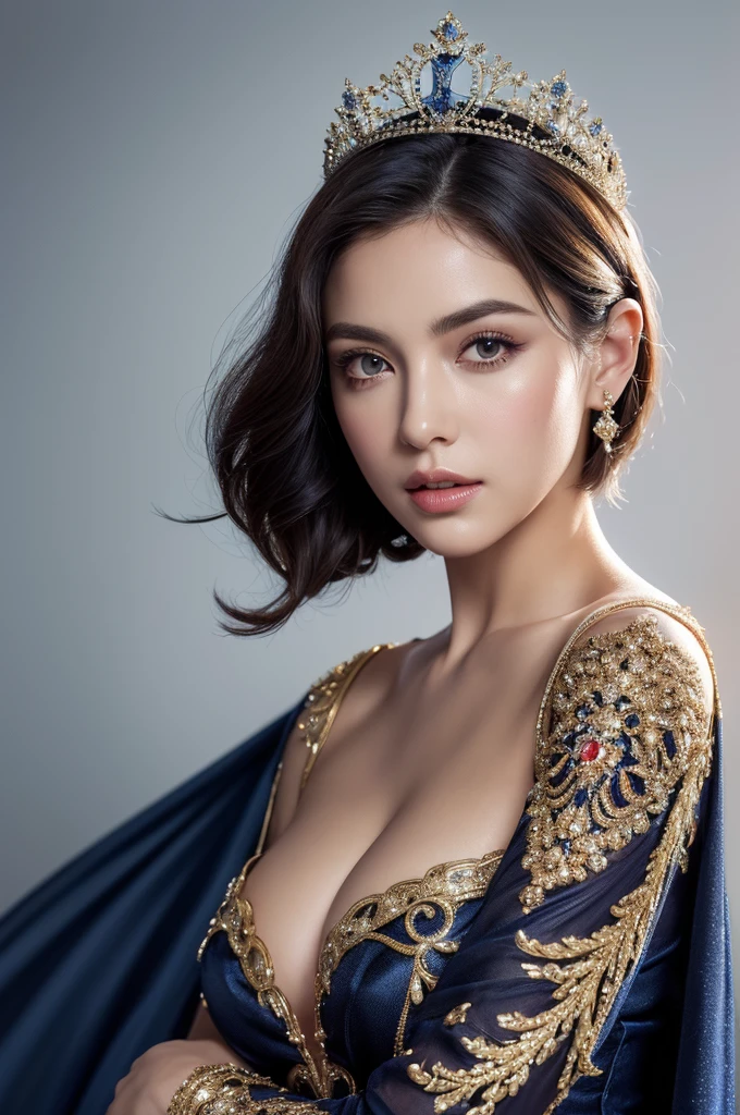 a beautiful woman in an exquisite, opulent, and glittering dress with luxurious decorative elements on a navy blue background, the dress adorned with red accents, the woman wearing a small tiara on her head and a navy blue cape on her back, she has short black hair and is kneeling sideways, with a castle wall in the background, (best quality,8k,highres,masterpiece:1.2),ultra-detailed,(realistic,photorealistic,photo-realistic:1.37),detailed eyes,detailed lips,extremely detailed face,long eyelashes,elegant,regal,grand,dramatic lighting,dramatic colors,cinematic