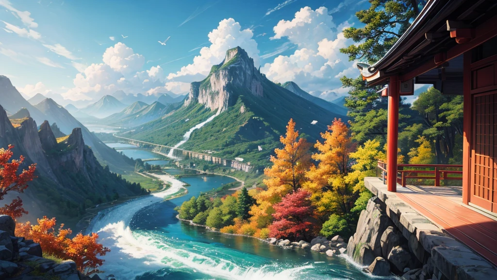 The painting depicts a traditional East Asian landscape with soaring rocky mountains studded with trees, The waterfall falls into the river flowing over the curved bridge, and many fall-colored trees at the foot of the mountain. In the sky there were two white birds flying and on the top of the mountain there was a small temple. The sky is painted gently to create the feeling of fog or clouds. The upper right corner of the picture has Chinese characters, could be the artist&#39;s signature or a poem related to the work.