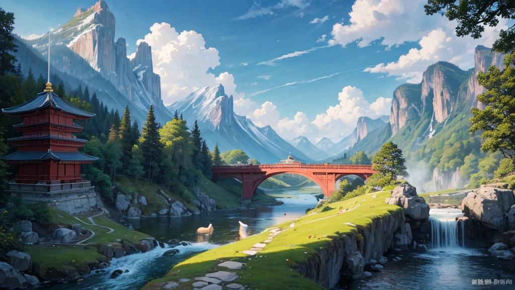 The painting depicts a traditional East Asian landscape with soaring rocky mountains studded with trees, The waterfall falls into the river flowing over the curved bridge, and many fall-colored trees at the foot of the mountain. In the sky there were two white birds flying and on the top of the mountain there was a small temple. The sky is painted gently to create the feeling of fog or clouds. The upper right corner of the picture has Chinese characters, could be the artist's signature or a poem related to the work.