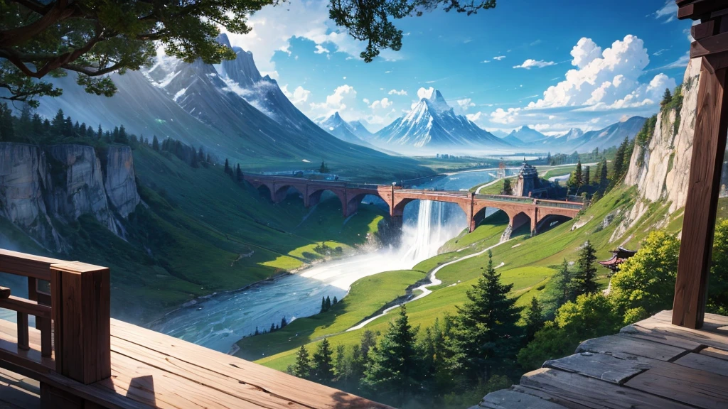 The painting depicts a traditional East Asian landscape with soaring rocky mountains studded with trees, The waterfall falls into the river flowing over the curved bridge, and many fall-colored trees at the foot of the mountain. In the sky there were two white birds flying and on the top of the mountain there was a small temple. The sky is painted gently to create the feeling of fog or clouds. The upper right corner of the picture has Chinese characters, could be the artist's signature or a poem related to the work.
