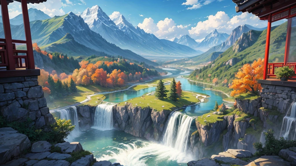 The painting depicts a traditional East Asian landscape with soaring rocky mountains studded with trees, The waterfall falls into the river flowing over the curved bridge, and many fall-colored trees at the foot of the mountain. In the sky there were two white birds flying and on the top of the mountain there was a small temple. The sky is painted gently to create the feeling of fog or clouds. The upper right corner of the picture has Chinese characters, could be the artist&#39;s signature or a poem related to the work.