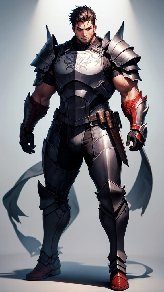 A fighter, of stocky stature, using war armor, his eyes were bright red. Half body.