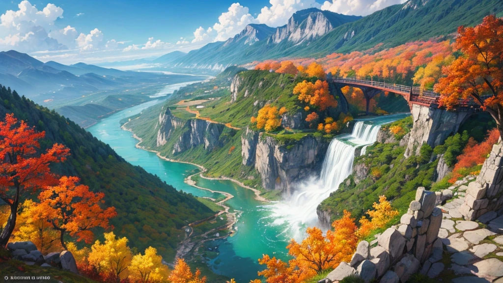The painting depicts a traditional East Asian landscape with soaring rocky mountains studded with trees, The waterfall falls into the river flowing over the curved bridge, and many fall-colored trees at the foot of the mountain. In the sky there were two white birds flying and on the top of the mountain there was a small temple. The sky is painted gently to create the feeling of fog or clouds. The upper right corner of the picture has Chinese characters, could be the artist's signature or a poem related to the work.