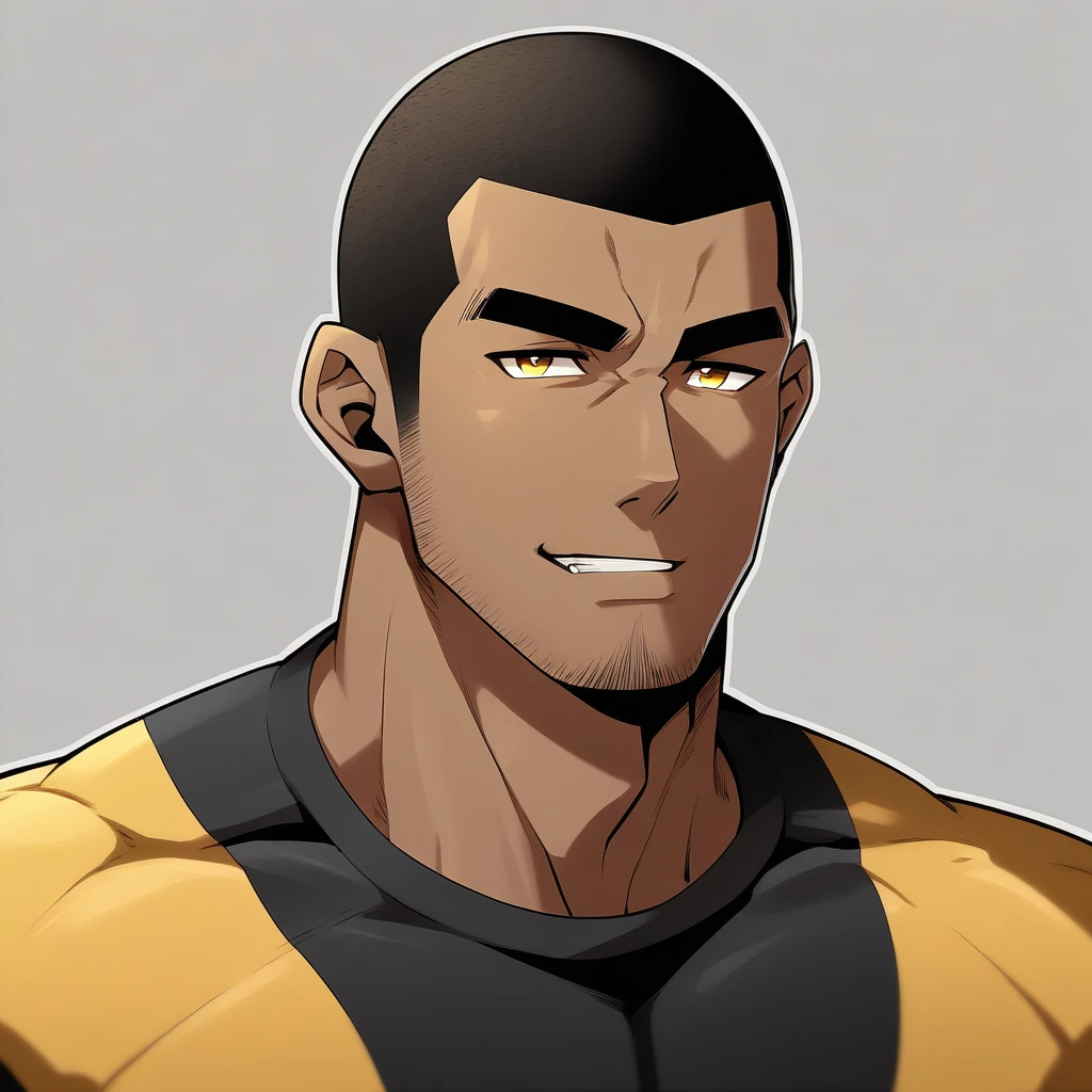 anime characters：Gyee, Young Muscle Sports Student, ????? black skin, Buzz Cut, Manliness, male focus, Dark yellow long sleeve tight T-shirt, Slightly transparent texture, Very tight, Slightly transparent, muscular male, muscular, only, Upper body, alone, Black short hair, Thick eyebrows, stubble, Yellow eyes, Grey background, simple background, amazing quality, best aesthetics, Ridiculous, bright pupils, crew cut, parted lips, seductive smile, torogao, naughty face, best quality