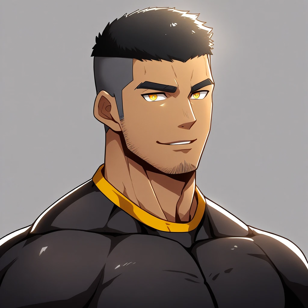 anime characters：Gyee, Young Muscle Sports Student, negro black skin, Buzz Cut, Manliness, male focus, Dark yellow long sleeve tight T-shirt, Slightly transparent texture, Very tight, Slightly transparent, muscular male, muscular, only, Upper body, alone, Black short hair, Thick eyebrows, stubble, Yellow eyes, Grey background, simple background, amazing quality, best aesthetics, Ridiculous, bright pupils, crew cut, parted lips, seductive smile, torogao, naughty face, best quality