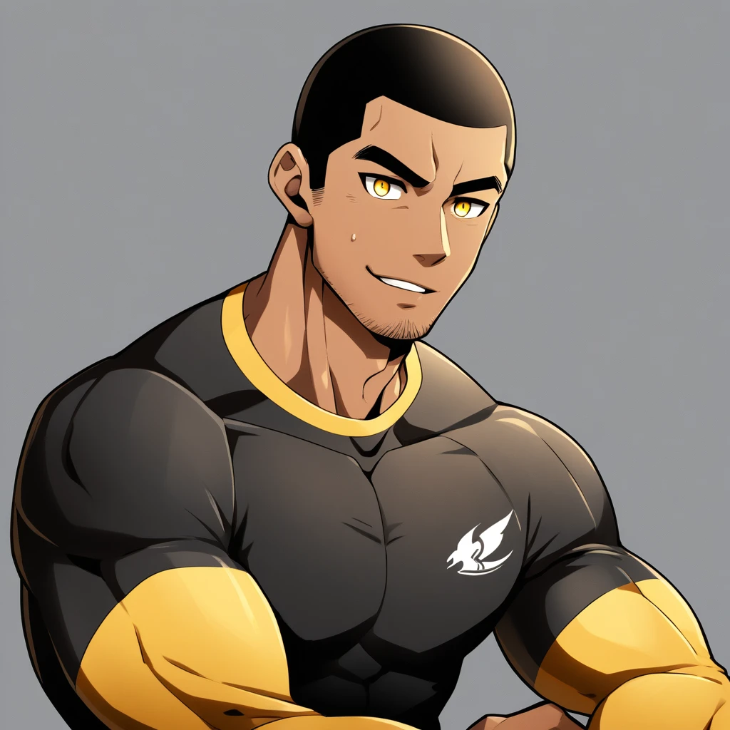 anime characters:Gyee, Young Muscle Sports Student, negro black skin, Buzz Cut, Manliness, male focus, Dark yellow long sleeve tight T-shirt, Slightly transparent texture, Very tight, Slightly transparent, muscular male, muscular, only, Upper body, alone, Black short hair, Thick eyebrows, stubble, Yellow eyes, Grey background, simple background, amazing quality, best aesthetics, Ridiculous, bright pupils, crew cut, parted lips, seductive smile, torogao, naughty face, best quality