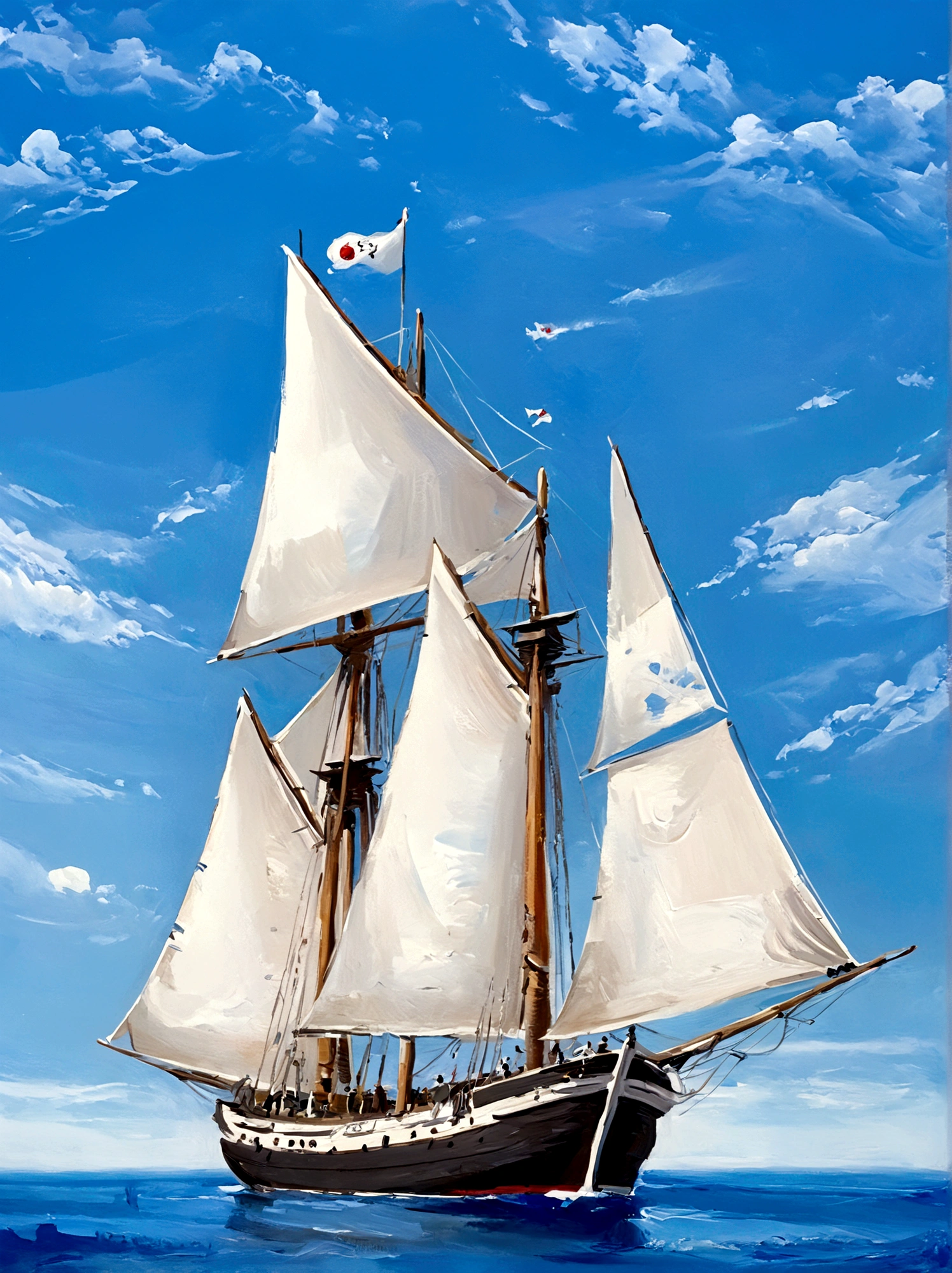 Galleon,Chinese style,Perfect proportion,Detailed hull,Golden hull,Detailed sail,Perfect proportion的风帆,ocean,Blue sky,bright,White background,real,emotion,Thick textured paint,