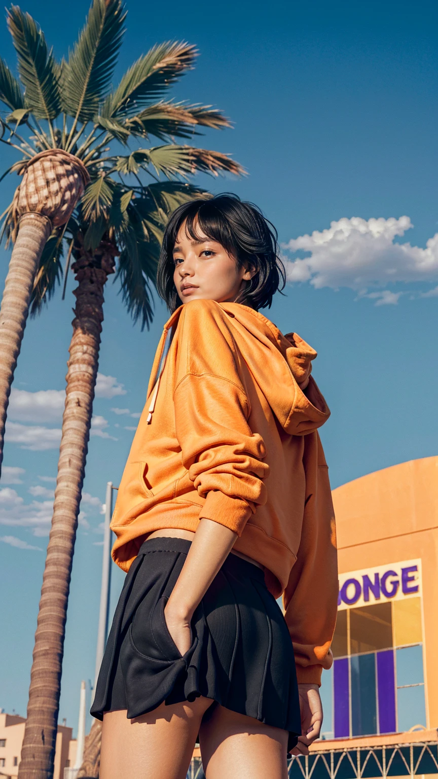 1 girl,looking camera, wear ((orange oversized hoodie)), (purple tennis skirt),Best Quality,Masterpiece,Ultra High Resolution,(Realisticity:1.4),Original Photo, 8k, light leak,dark intens shadow,ultra high resolution,UHD,beautiful, (black bob hair), almond eye, no makeup, in front of 80's architecture colorful motel, (from below:1.2), (realistic:1.2), (surreal:1.3), (very detailed:1.1), ((masterpiece)),summer, blue sky, palm trees,sunny, los angles vibes